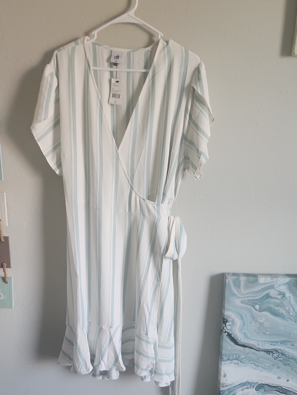 CAbi Light Blue and White Striped Wrap Midi Dress